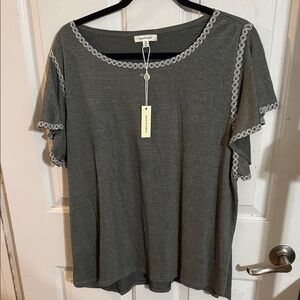 NTW Max Studio Olive Green Embroidered Flutter Sleeve Top